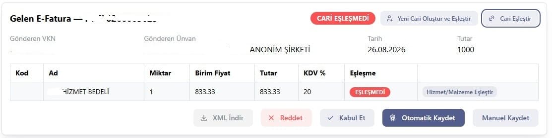 Gelen e-Fatura eşleştirme ekran görüntüsü